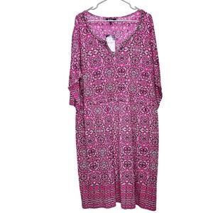 NWT Ulla Popken Pink Red Mandala Beads V Neck 3/4 Sleeve Jersey Midi Dress 24/26